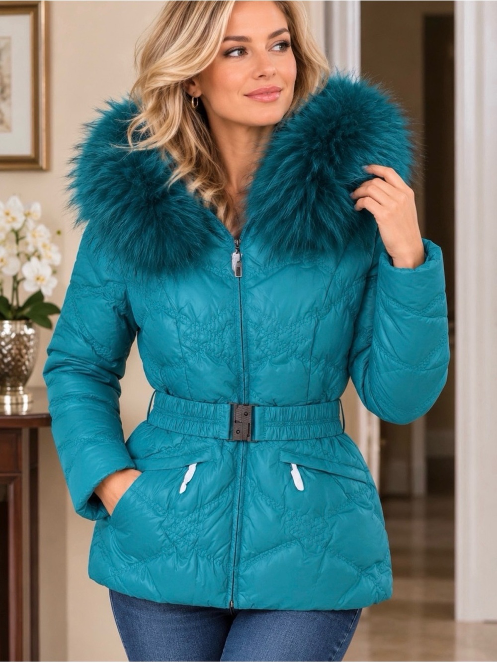 Teal Puffer Jacket with Real Fur Trim size L more M